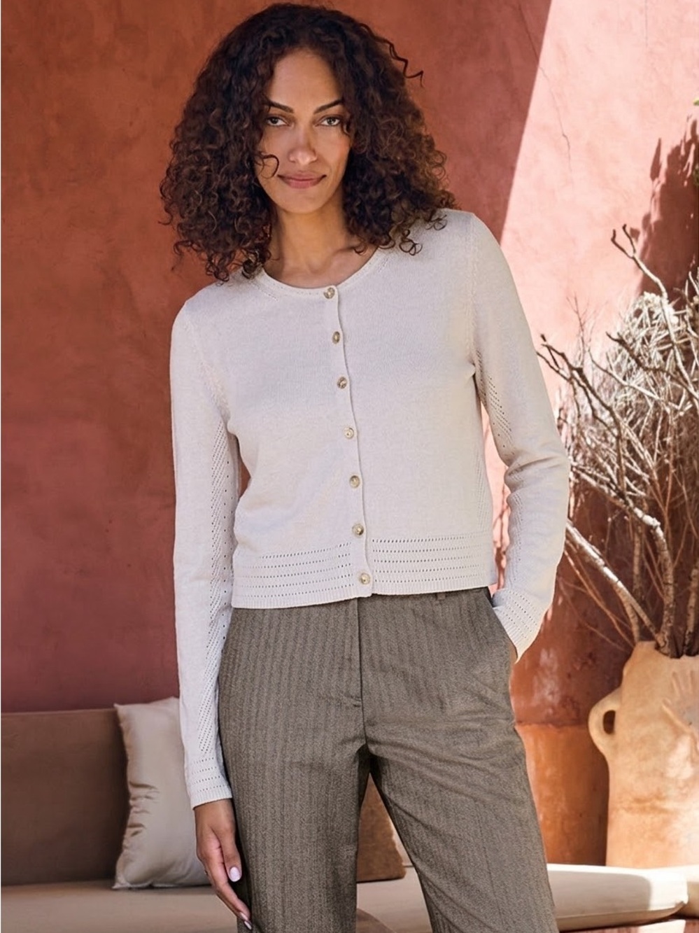 Peruvian Connection Pima Cotton Short Boxy Cardigan Size S Cream Made in Peru